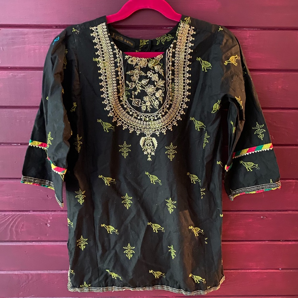 Black Embroidered Kurti Tunic with Green and Gold Accents, Child Small (size 4/5